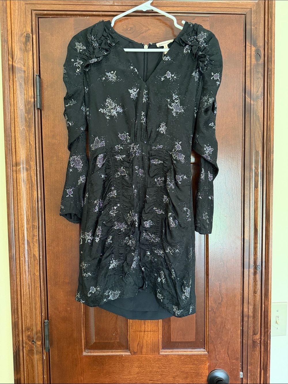 Rebecca Taylor Black Long-Sleeve Floral Ruched Mini Dress with Lavender Accents